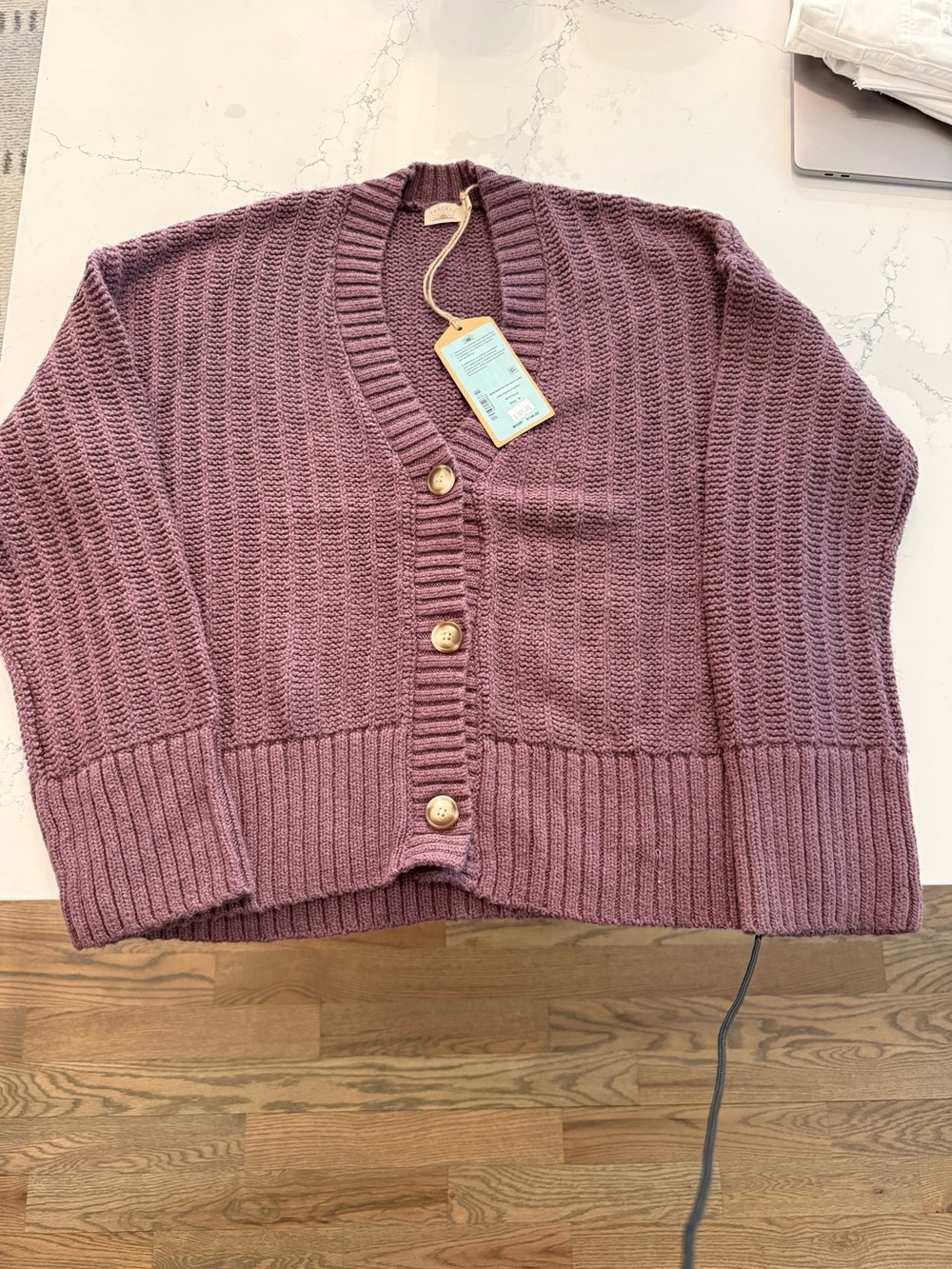 Faherty Plum Ribbed V-Neck Button Cardigan - Picture 9 of 9